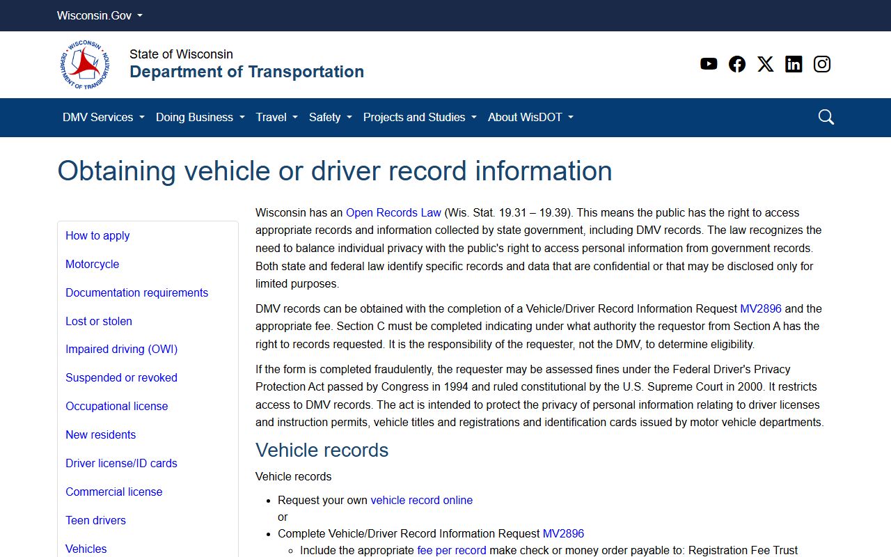 Wisconsin Phone Directory DMV driver records page